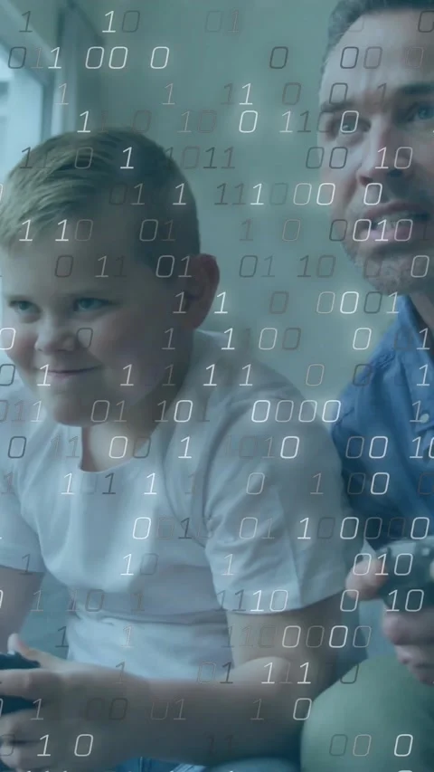 Vertical video: Boy pressing gamepad starting binary code while dad leaning Stock Footage 334550035