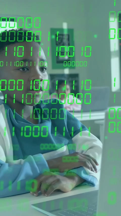 Vertical video: Boy raising hand after teacher cue, leaning to laptop, learning Stock Footage 334377606