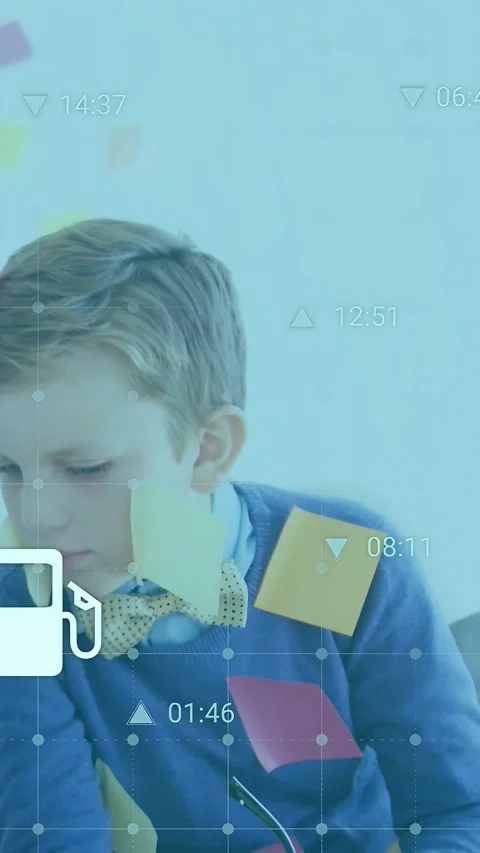 Vertical video: Boy reaching glasses for craft in class with HUD icons timers Stock Footage 333595956