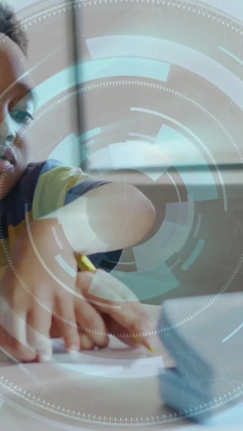 Vertical video: Boy reaching paper writing pencil nudging blue stack round UI 库存影片 330580787