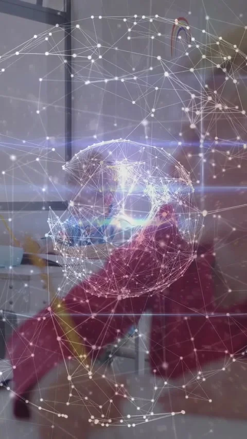 Vertical video: Boy in red writing classwork pencil motion sparking AR node 動画素材 331333900