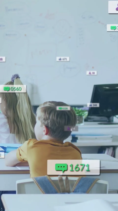 Vertical video: Boy sitting desk, green chats popping as cursor changing counts Stock Footage 332747587