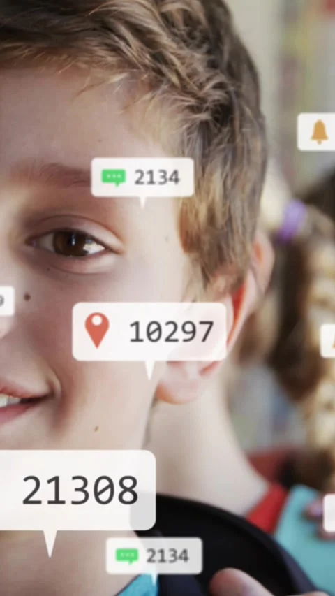 Vertical video: Boy smiling in school line, app updates causing map pins and Stock Footage 331238075