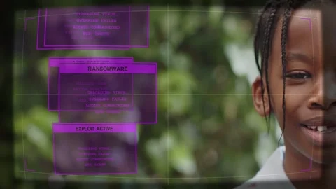 Vertical video: Boy smiling in yard as DATA CORRUPT appearing stacking pink Vídeo Stock 333105717
