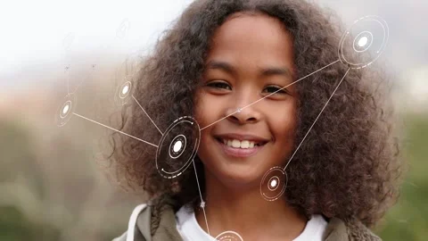 Vertical video: Boy standing ring forming tech nodes moving in linking smile Stock Footage 333594500