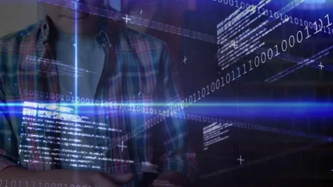 Vertical video: Boy tapping white tablet, starting code overlays while learning, Stock Footage 332275956