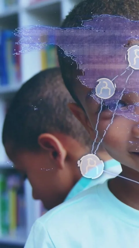 Vertical video: Boy tilting as map overlay fading in across face, revealing Stock Footage 331274089