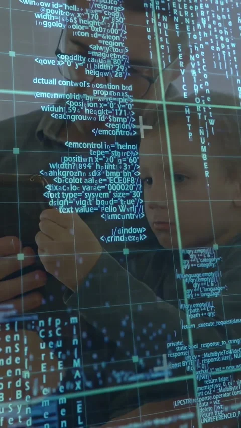 Vertical video: Boy turning phone, man leaning, guiding coding while code grid Stock Footage 331271310