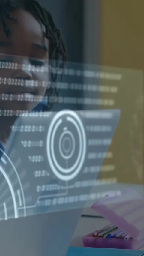 Vertical video: Boy using laptop girl leaning adult hand pointing sparking HUD Stock Footage 334546746