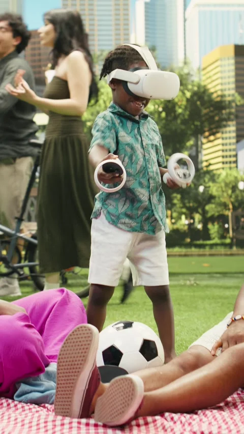 Vertical Video Boy wearing virtual reality headset and holding motion Stock Footage 341472835