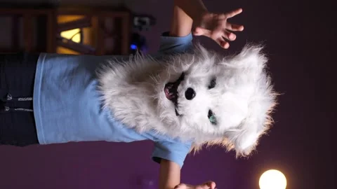 Vertical video boy in a wolf mask trying to scare with gestures and growls Stock Footage 251996263
