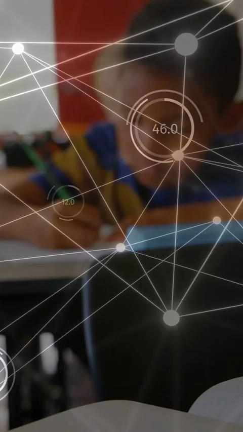 Vertical video: Boy writing in class starting AR overlay tracking hands and Stock Footage 337541113