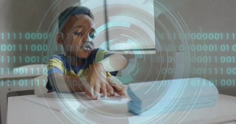 Vertical video: Boy writing on paper, HUD binary overlay growing over hands, Stock Footage 330540886