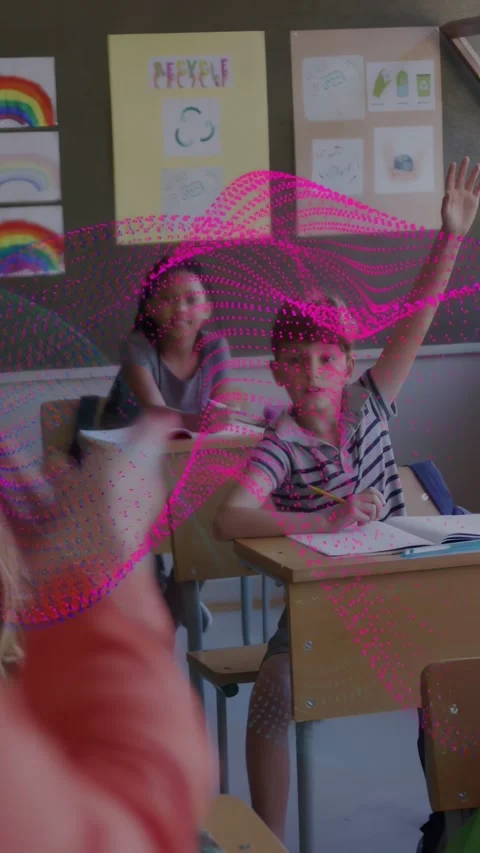 Vertical video: Boy writing, raising hand after cue, girl watching as magenta Stock Footage 333862156