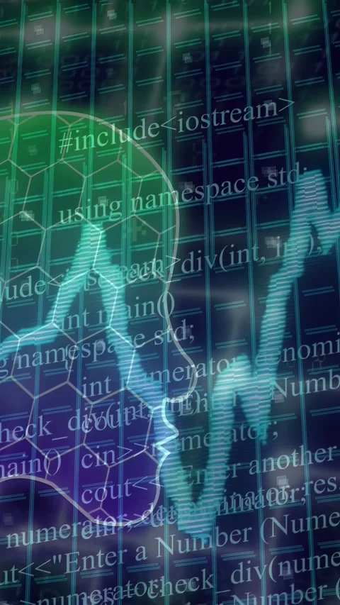 Vertical video: Brain pulsing as code fading in and causing ECG peaks, showing Stock Footage 332985103