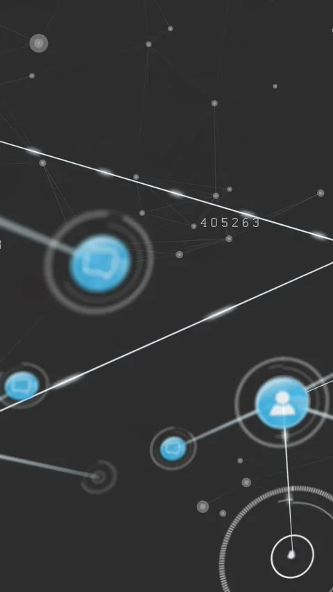 Vertical video: Bright blue icon appearing, avatar and chat nodes linking, Stock Footage 340133255