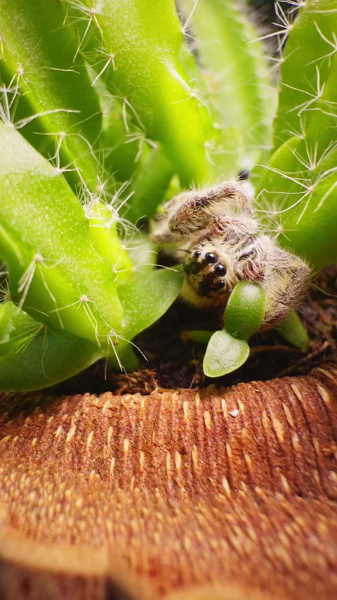Vertical video. Bright Green Cactus Growing inside Half Coconut Shell with Hairy Stock Footage 320721948