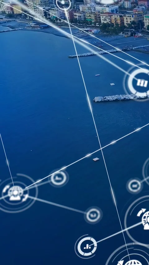 Vertical video: Bright line sparking tech overlay over bay, linking node icons Stock Footage 330542714