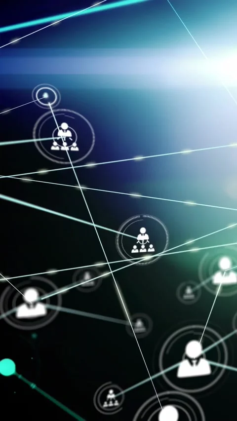Vertical video: Bright node emitting lines, linking user cluster and HUD, Video stock 330189546