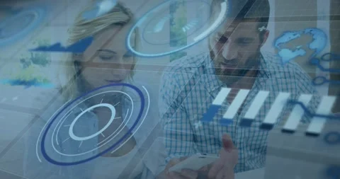 Vertical video: Bringing smartphone forward, man checking data while woman Stock Footage 331460962