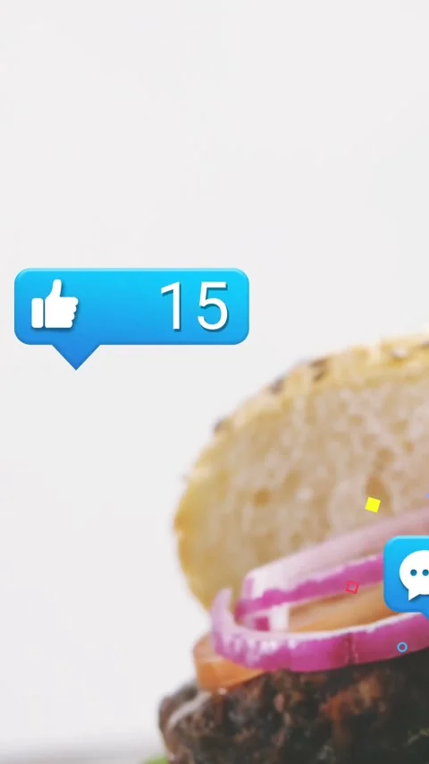 Vertical video: Bubble appearing right, burger sliding up, blue bubbles with Stock Footage 334396126