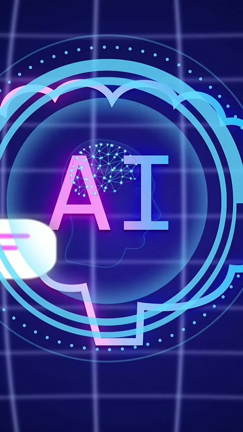 Vertical video: Bubble sliding in, AI emblem pulsing, binary streams flowing to Stock Footage 334836889