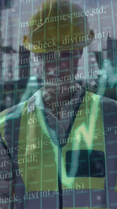Vertical video: Builder fixing vest while sensor starting graph code grid on Stock Footage 334770581