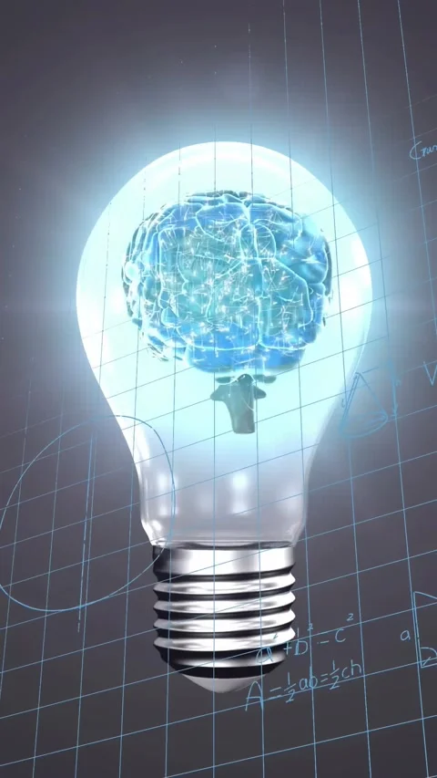 Vertical video: Bulb with blue brain glowing on grid, halo lighting and diagrams Stock Footage 330982579