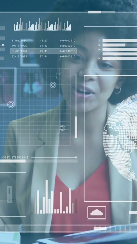 Vertical video: Business analyst glancing and reviewing rising chart on holo Stock Footage 331009622