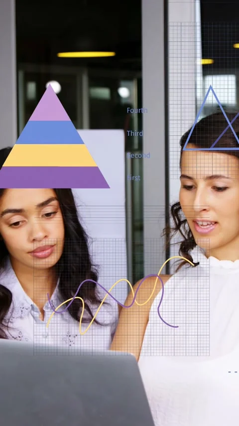 Vertical video: Business duo opening laptop activating pyramid overlays and Stock Footage 333896146