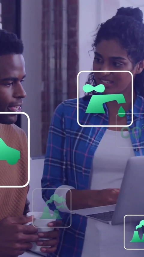 Vertical video: Business pair checking laptop woman scrolling causing icons 스톡 동영상 330305944