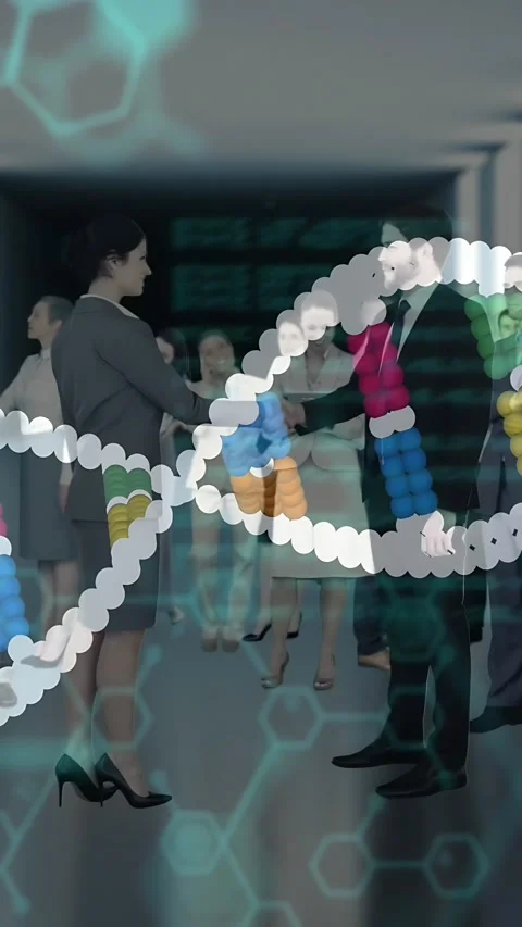 Vertical video: Business pair reaching, shaking hands, sealing deal as DNA helix Stock Footage 333895673