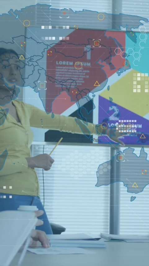 Vertical video: Business presenter pointing purple panel starting map HUD Stock Footage 343887927
