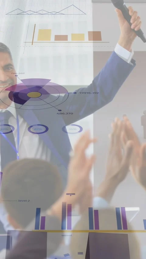 Vertical video: Business presenter raising remote after audience clapping, Stock Footage 333658375