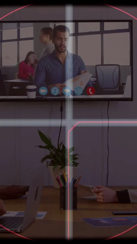 Vertical video: Business speaker gesturing on screen causing red reticle overlay Stock Footage 335513884