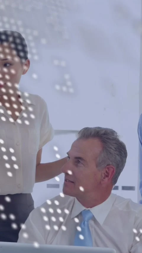 Vertical video: Business team working in meeting, overlay shifting and revealing Stock Footage 333236079