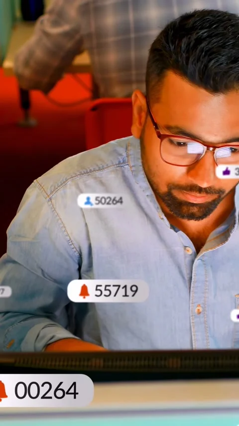 Vertical video: Business worker leaning, typing while pings updating counts over Stock Footage 335802810