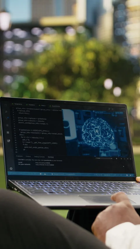 Vertical Video Businessman displaying source code and digital AI interface Stock Footage 344380566