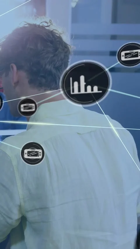 Vertical video: Businessman leaning at PC icon popping near shoulder network Stock Footage 331050332