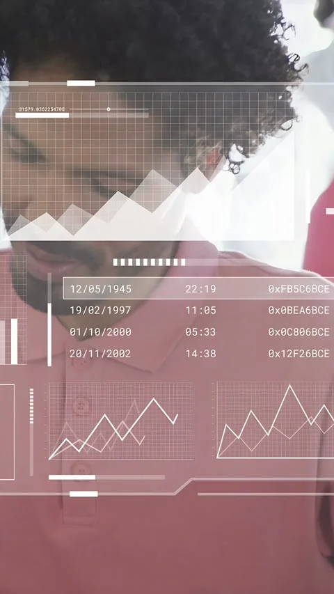 Vertical video: Businessman reacting to data, shifting gaze and smiling as HUD Stock Footage 333556921