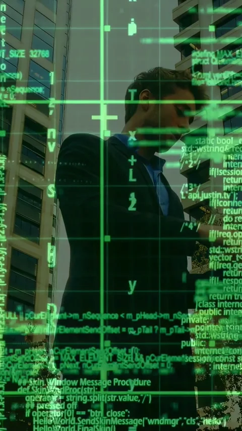 Vertical video: Businessman tapping device in plaza and activating green HUD, Stock-Footage 331274403