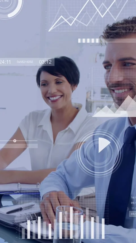 Vertical video: Businessman tapping table, activating HUD charts showing data Stock Footage 333222102