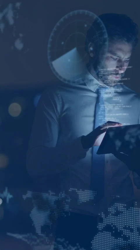 Vertical video: Businessman tapping tablet and activating map, code, gauge Stock Footage 340133326