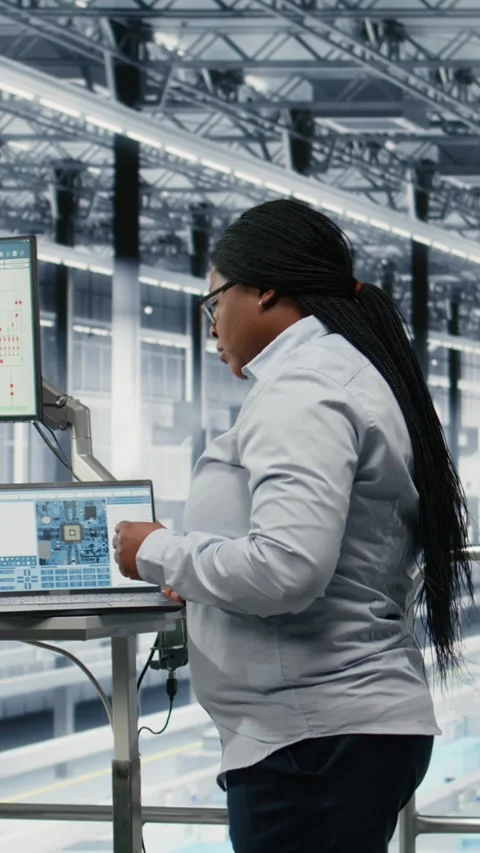 Vertical video Businesspeople team optimizes PCB smart factory workflow using 스톡 동영상 333614142