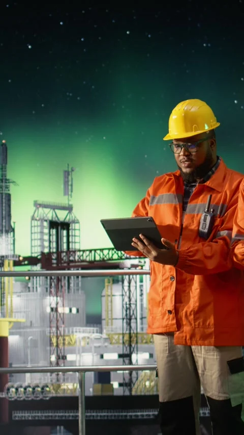 Vertical video Bypassing sea transit blockades, drone and engineer on offshore Stock Footage 339887316