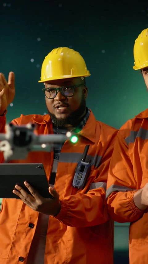 Vertical video Bypassing sea transit blockades, drone and engineer on offshore Stock Footage 339889301