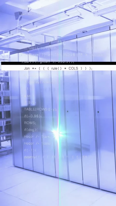 Vertical video: Cabinet reflecting code bars shifting, sparking cyan streak Stock Footage 334187228