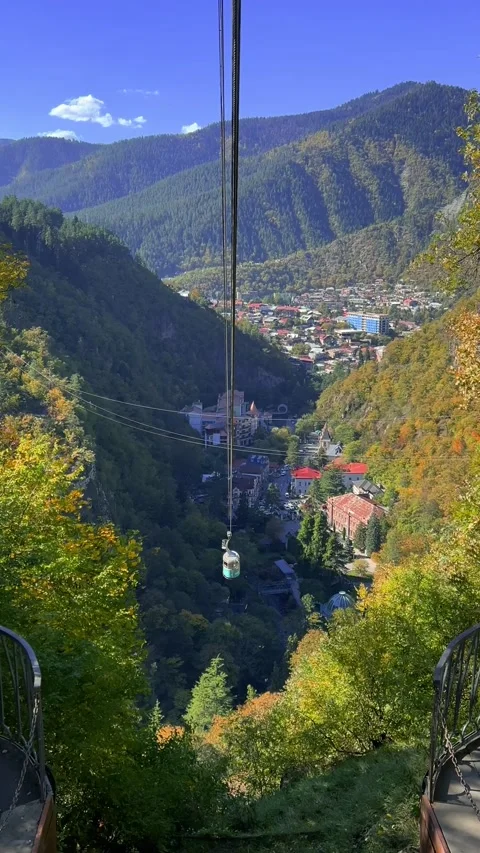 Vertical video. Cable car cabin rides on rope Stock Footage 298694233