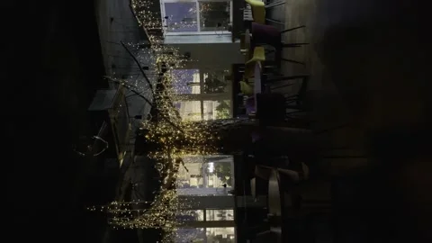 Vertical video of cafe interior with lights and decorations and tree inside Stock Footage 280084790