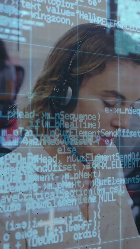 Vertical video: call center agent answering call on live data, code overlay Stock Footage 332846100